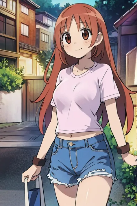 1girl, solo, inoue orihime, long hair, orange hair, brown eyes, pink t shirt, short sleeves, denim skirt, smile, night, town, looking at viewers,  standing, HDR, UHD, 4K, 8K,