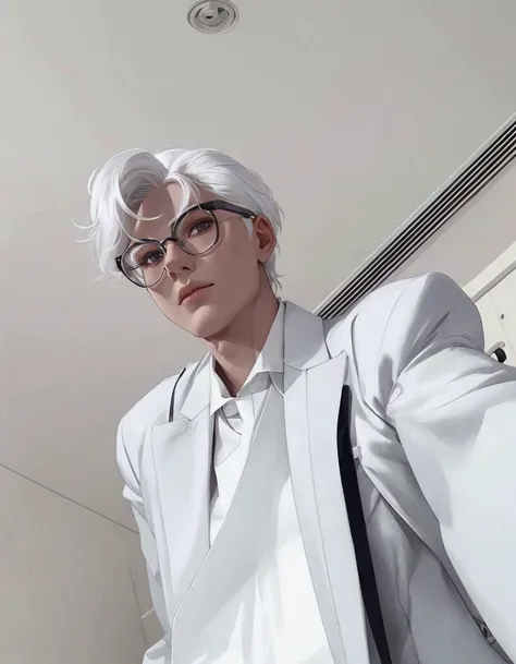  there is a man with white hair and glasses posing for a photo,  Medium length straight white hair , Delicate and androgynous prince , platinum short hair tomboy,  Beautiful androgynous prince ,  Wearing silver hair , white hair color,  Androgynous person ...