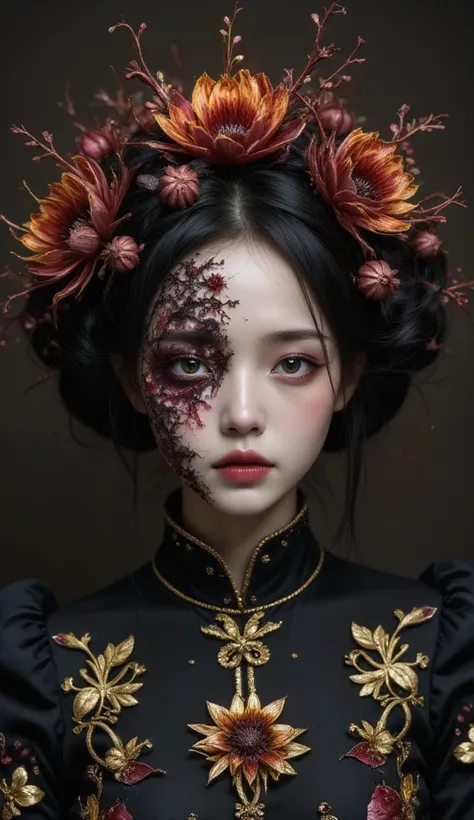 (wide_shot:1.4),(full_shot:1.4),(in style of Aleksi Briclot:1.3),character concept design,in this surreal horror image,(facial parasitism:1.2),(facial destruction:1.1),(a young girl appears to be parasitized by a strange plant and mold virus:1.1),(her faci...