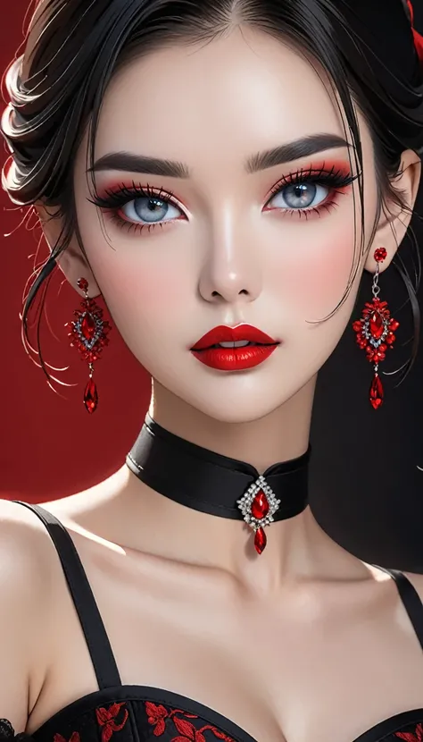 a woman wearing a black corset with dangling earrings and lipstick, 1girl, solo, jewelry, red lips, earrings, looking at viewer, choker, makeup, collarbone