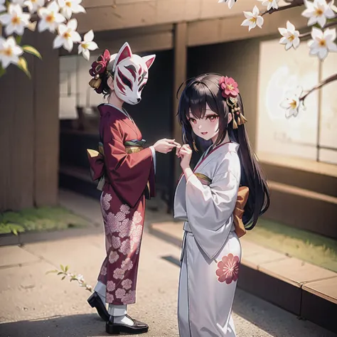 Person wearing a fox mask ,   person wearing a kimono decorated with cherry blossoms, Beautiful flowers in the garden々In, Long Hair, Dancing 