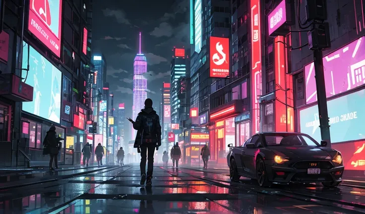 A futuristic dark city at night, filled with towering skyscrapers adorned with glowing neon LED lights. The buildings rise high into the cloudy night sky, creating an oppressive, dystopian atmosphere. The streets below are wet, reflecting the vibrant light...