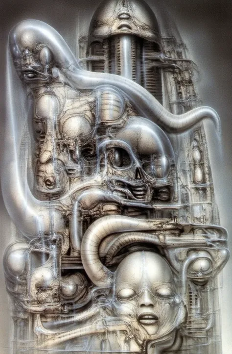 HRGGR, The image is a detailed view of H.R. Gigers biomechanical tableau " LANDSCAPE No 312 " plate, featuring ( Gigers is a fantasy-style illustration of a complex, intricate mechanical structure, resembling a futuristic city or fortress, with a central t...