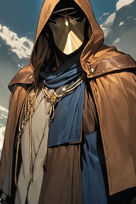 a middle-aged human monk with a hood that doesnt show his face with a full dark beard wears brown leather travel clothes and wears an almost supernatural blue tabard