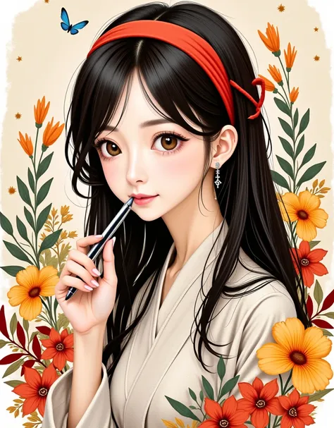 A portrait of a young woman with long black hair adorned with a red headband, holding a pen delicately to her lips. She is surrounded by an artistic composition of vibrant, autumn-colored flowers (orange, red, yellow, and muted blue) and foliage that frame...