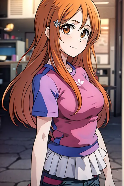 1girl, solo, inoue orihime, long hair, orange hair, brown eyes, pink t shirt, short sleeves, denim skirt, smile, night, town, lo...