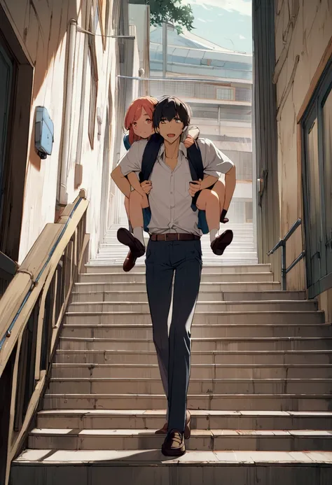 1 man carries 1 woman, stairs, Piggyback, school uniform.