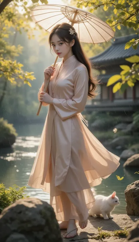 (Girl holding an oil-paper umbrella:1.3)，Girls Focus，Close shot，Stand on a small bridge，Running Water，Ancient Town，Jiangnan Scenery，antique，Spring rain，light rain，beauty，beautiful and delicate eyes，beautydelicate lips，Extremely detailed eyes and face，Long ...