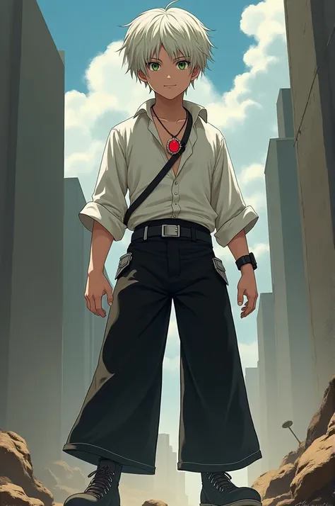  Make a fictional male character ,  Attack on Titan Style,  Short white hair , white blouse, wide black pants and black sneakers , green eyes,  necklace with a red pendant around the neck,  he is 19 years old