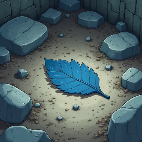 I want an anime-style illustration where there is a blue leaf lying on the floor in the center of the image,  full of earth , Stone and mud ,  representing a love that is damaged and that is no longer useful for anything  