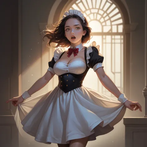 a beautiful detailed anime maid with dark skin, large breasts, short skirt, open mouth, detailed facial features, photorealistic, 8k, realistic, hyperdetailed, highly detailed, masterpiece, extremely detailed, volumetric lighting, cinematic lighting, intri...