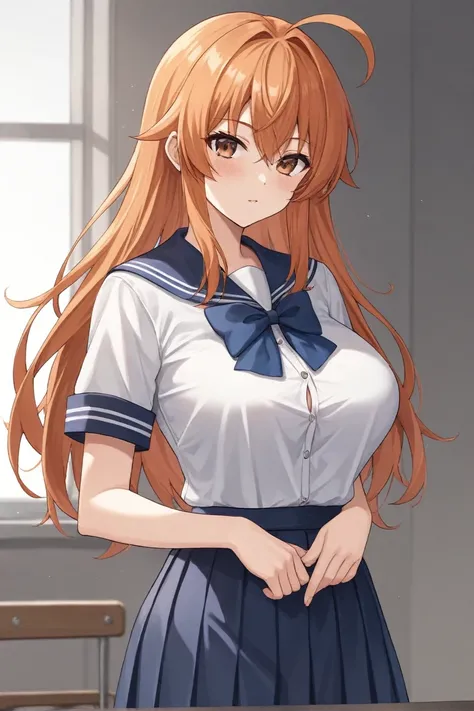 best quality,masterpiece,looking at viewer,absurdres,1girl,score_9,score_8_up,score_7_up,source_anime BREAK natsume aya,orange hair,long hair,brown eyes,ahoge,breasts,white school uniform,bow,large breasts,