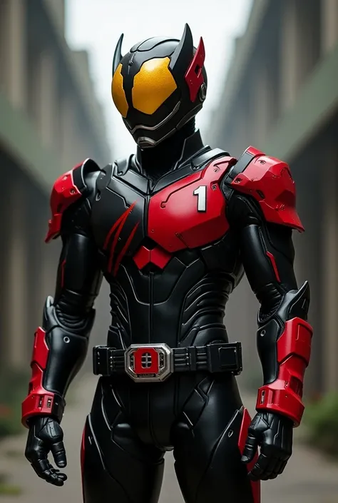 Merge Kamen Rider 555 with Red Ranger 1 (power rangers S.p.D Delta Patrol )  helmet with the details of each in just one character using the Kamen Rider Faizs armor parts with the number 1 on the chest and the separated one in the colors black and red with...