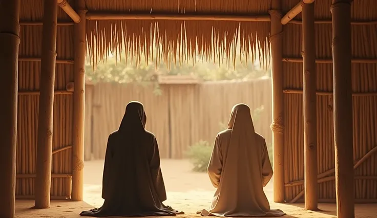 Arabie Saoudite annee 92, a lintérieur d Une cabane le sole est en sable du desert des pillier en bois de bambous soutenant le plafond le plafond est en feuille de palmier, a linterieu vue de dos a la caméra deux personnes   vêtus de tunique la tete couver...