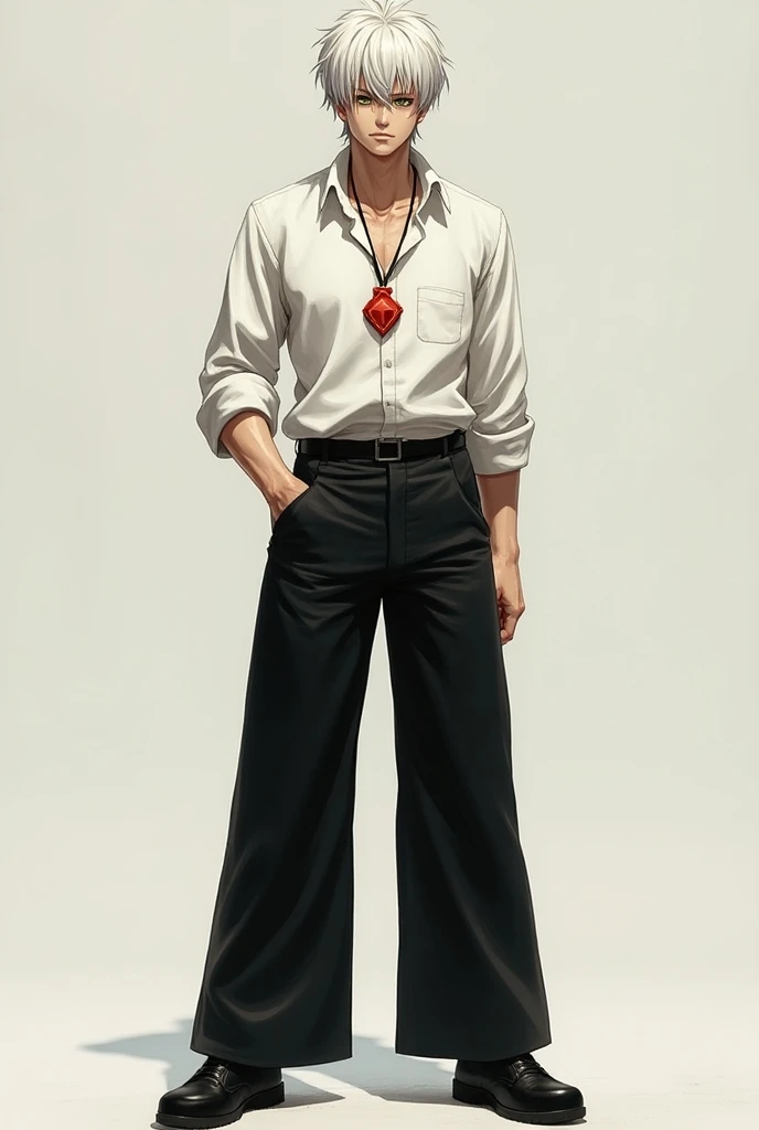  Make a fictional male character ,  Attack on Titan Style,  Short white hair , white blouse, wide black pants and black sneakers , green eyes,  necklace with a red pendant around the neck, Does he look like an older person