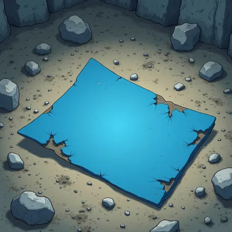 I want an anime-style illustration where there is a blue sheet of paper lying on the floor in the center of the image,  full of earth , Stone and mud ,  representing a love that is damaged and that is no longer useful for anything  