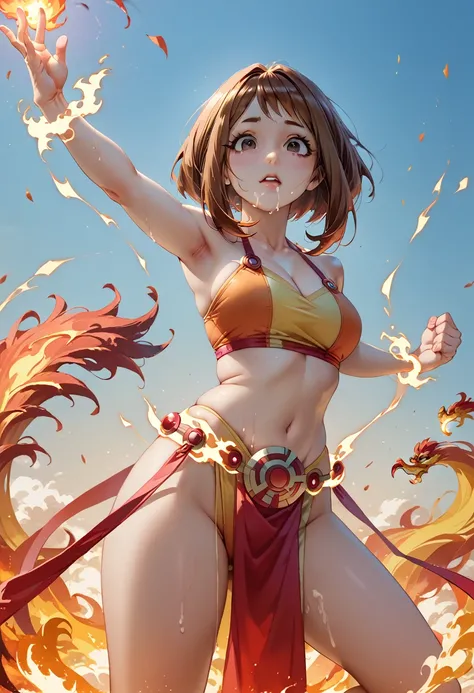 Phoenix Uraraka (Marvel + DC + Boku no Hero)
 Phoenix Uraraka combines the power of the Phoenix with the controlled gravity of Ochaco Uraraka.  Her costume is a red and orange bikini ,  with details that resemble flames and fire .  The upper part has a flu...