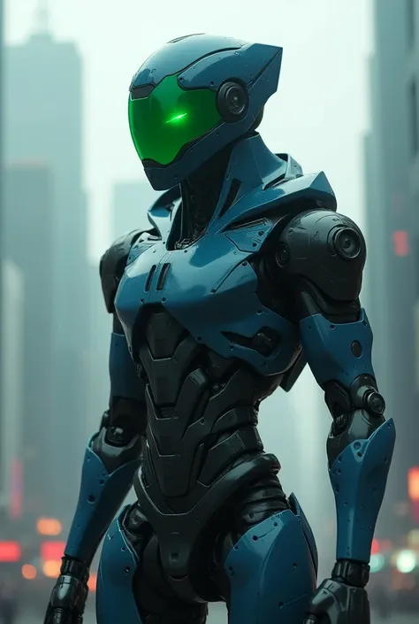 Create a black and blue robot with a green hood 