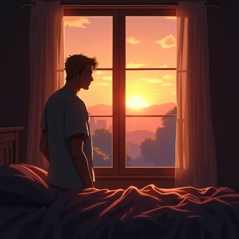 masterpiece, best_quality,  solo, princess zelda, nintendo, the legend of zelda, albw Film a high-quality sunrise scene through a bedroom window with a man gazing thoughtfully outside. Begin with soft, warm morning light spilling into the room, casting gen...