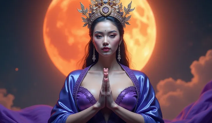  Make a picture of a very beautiful woman , white, sexy, berbig breasts, beautiful crowned  &  in a purple dress with a blue shawl , royal princess of yesteryear , she is the queen of Thai labor , Big boobs, sexy, big breasts, his praying hands and his eye...