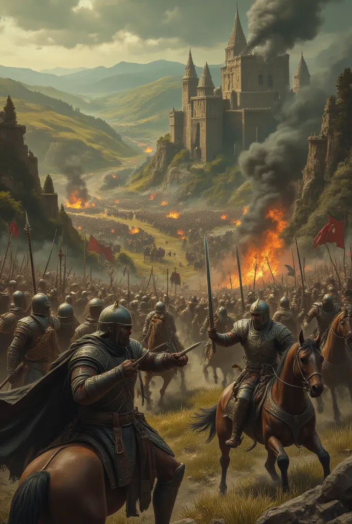 an epic battle scene fom the classic isometric video game "age of empires ii", cinematic, noc-isometric, velvet_myst