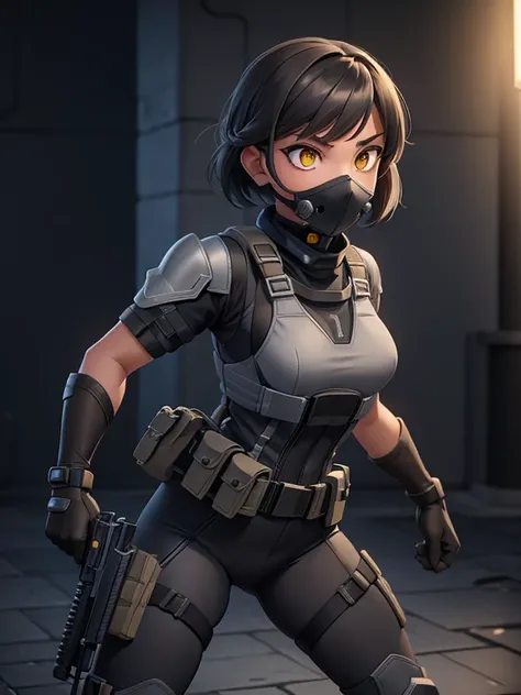 (masterpiece:1.2), best quality, high resolution, unity 8k wallpaper, (illustration:0.8), 1girl, solo, a woman in her mid-twenties, yellow eyes, tan-bronze skin, short black hair BREAK (Wearing: Metallic muzzle covering mouth, Gray tactical suit, black bul...