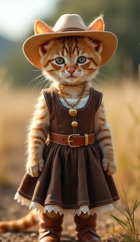 The kitten is standing ,  smiling with a direct and captivating look at the camera .  She wears a dress Country designer in dark brown tone ,  with round skirt and delicate white lace details on edges , that bring a vintage touch .  The upper part is adjus...