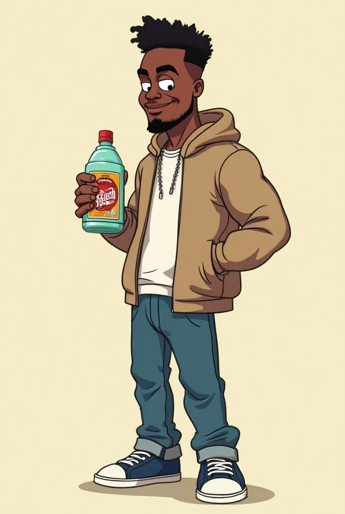 Take a picture of a black guy holding bleach,cartoon