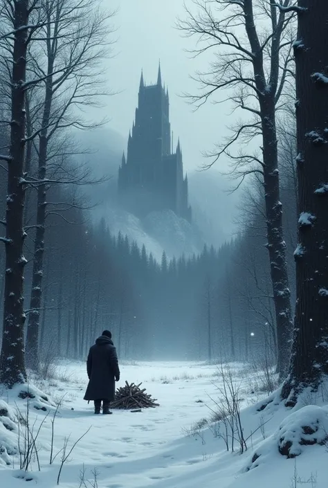 There was one picking wood in a snow forest and on the horizon you can see a giant black castle