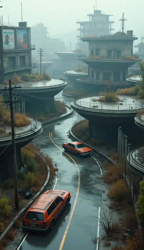 Image of the center of a modern ultra futuristic abandoned city with rusty and dirty abandoned overturned cars standing among the dirty modern round and circular gray buildings in ruins, cyberpunk style, rain and puddles of water on the ground, Science fic...