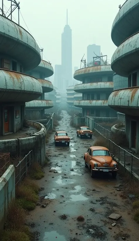 Image of the center of a modern ultra futuristic abandoned city with rusty and dirty abandoned overturned cars standing among the dirty modern round and circular gray buildings in ruins, cyberpunk style, rain and puddles of water on the ground, Science fic...