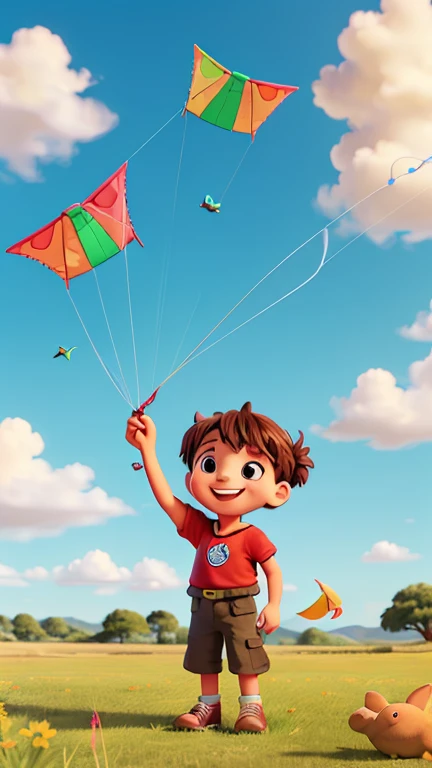 A bright, colorful kite with detailed patterns in red, yellow, and green flies high in a clear blue sky. Below, a joyful young  holds the kite string, smiling up at it while standing in an open, grassy field. The composition leaves plenty of empty sky spac...