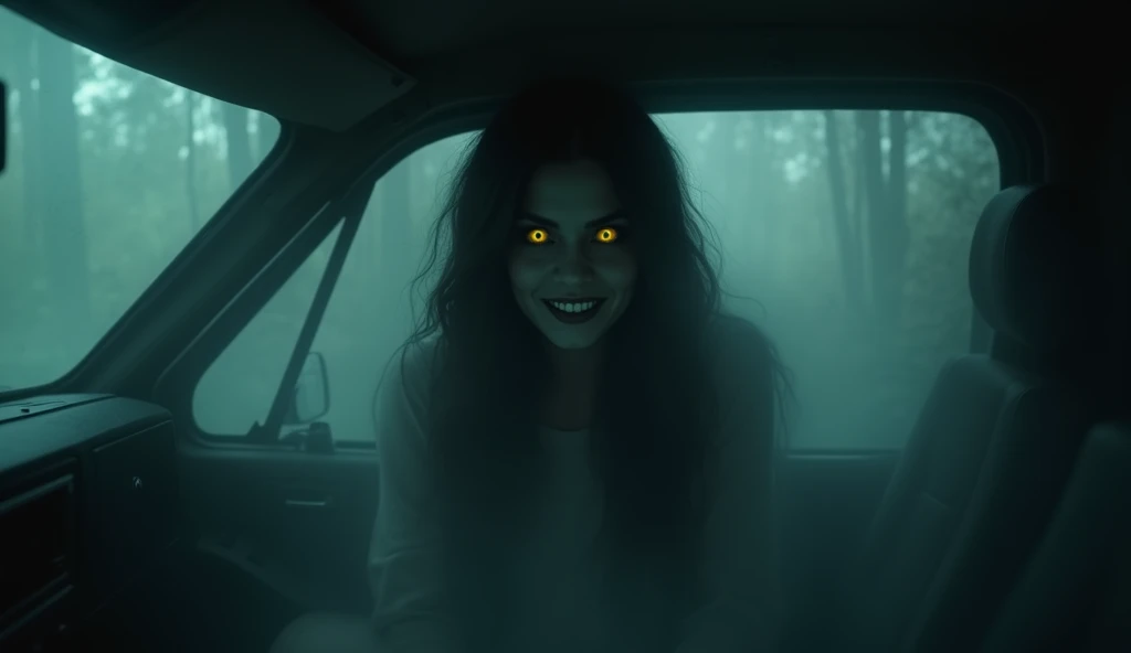 Ghostly Shadow of Woman Behind Raghu: Capture a ghostly, faint silhouette of the mysterious woman in the back seat of Raghus truck. Her long black hair partially covers her face, but her glowing yellow eyes and sinister smile are faintly visible through th...