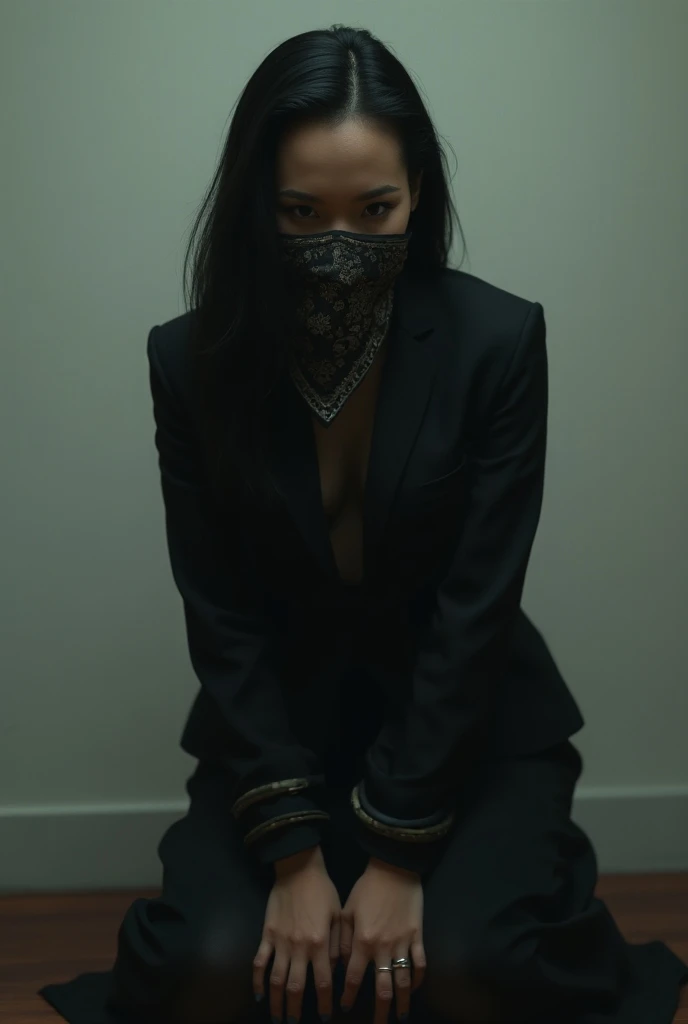 beautiful indonesian javanese adult girl, black haired, in business attire, kneeling, hands tied up and mouth covered with silk bandana