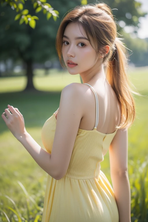 photorealistic,realistic, solo, photorealistic, best quality, ultra high res, 1girl,, , blonde hair in a ponytail, wearing a yellow sundress, breeze blowing through the grass,, , 1girl,, beautiful, masterpiece, best quality, extremely detailed face, perfec...