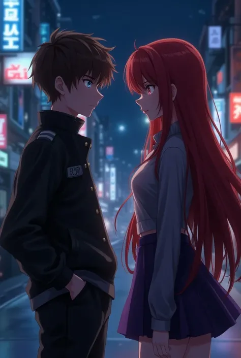 Anime young man, short brown hair, eyes light blue, he got emo vibes, Julián Casablancas vibes, he is on the street, she is looking a girl, girl with long red hair, she got purple short clothes, she is looking the him too, her eyes are evil, cyberpunk vibe...