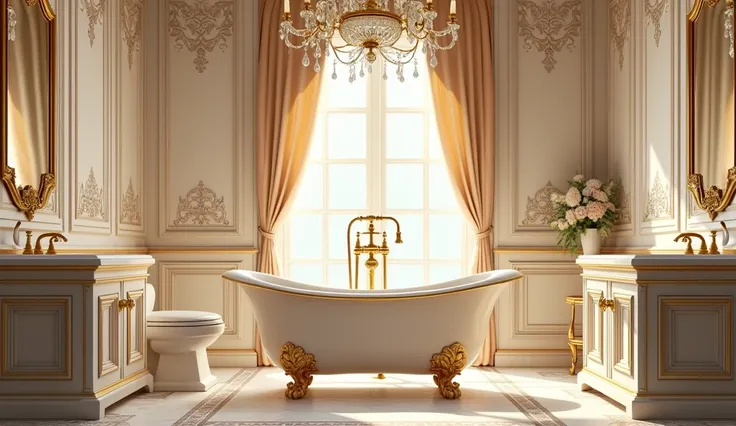 there is a bathtub and a mirror in a bathroom, bathtub with golden faucet, bathroom, in bathroom, luxurious, premium bathroom design, bathtub, interior of a bathroom, rococo elements, beauteous sumptuous, elegence, exquisitely ornate, golden toilet, anime ...