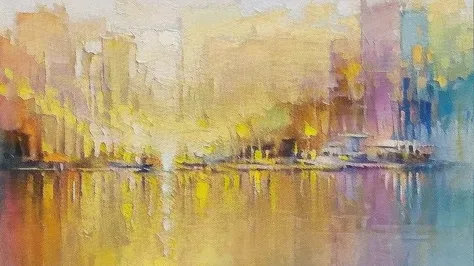 A painting on yellow heavy canvas with light green solid color background that stops the tepo of a beautiful charming and full of details an explosion of white paint stains, Yellow and pink spray with thick and noticeable strokes in relief decorates the ba...