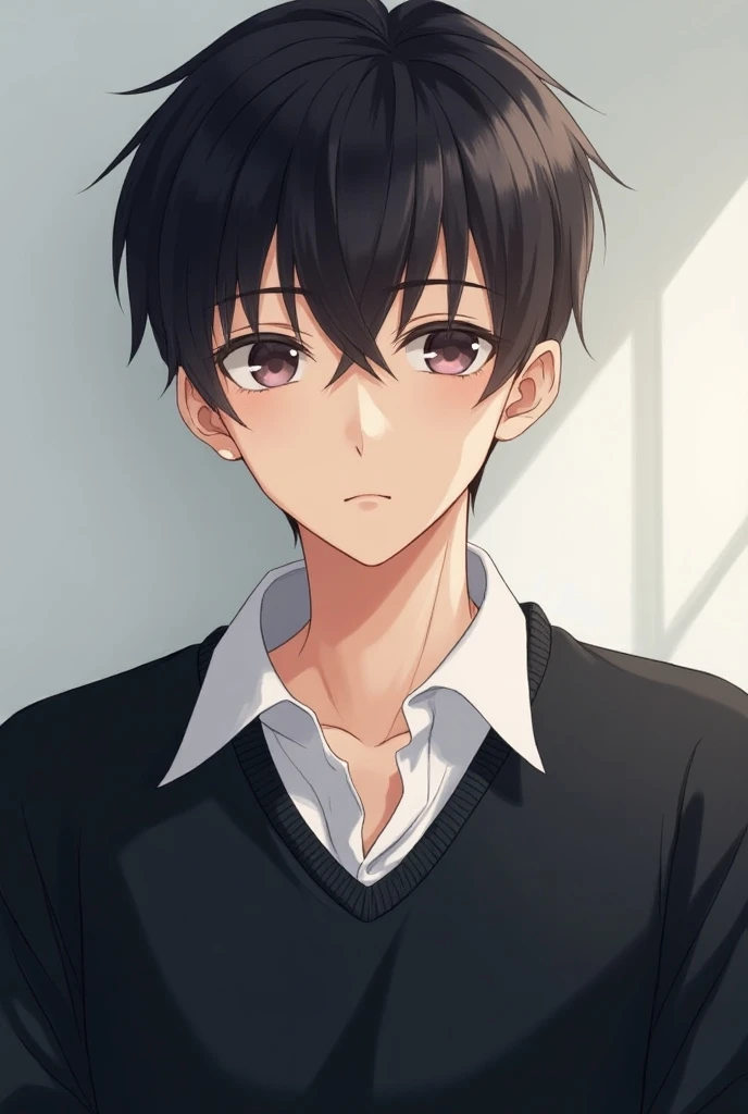 An anime guy wearing a black sweater and a white shirt