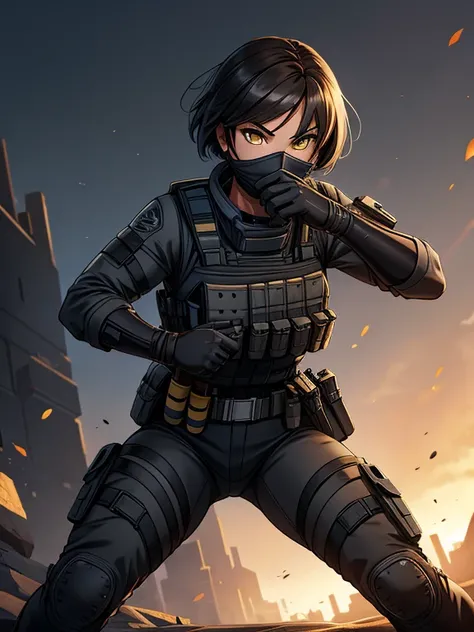 (masterpiece:1.2), best quality, high resolution, unity 8k wallpaper, (illustration:0.8), 1girl, solo, a woman in her mid-twenties, yellow eyes, tan-bronze skin, short black hair BREAK (Wearing: Metallic muzzle covering mouth, Gray tactical suit, bulletpro...