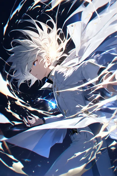 Male, White-Gold Hair, White Coat, Thin, Long Pant,High-angle shot, telekinesis, side view