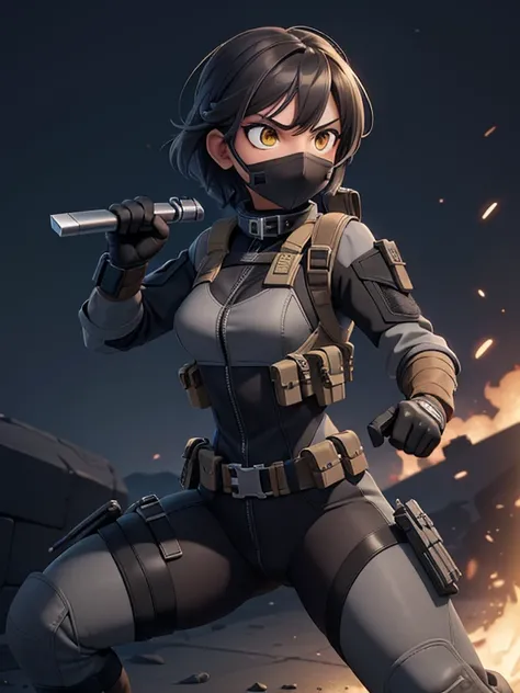 (masterpiece:1.2), best quality, high resolution, unity 8k wallpaper, (illustration:0.8), 1girl, solo, a woman in her mid-twenties, yellow eyes, tan-bronze skin, short black hair BREAK (Wearing: Metallic muzzle covering mouth, Gray tactical suit, bulletpro...