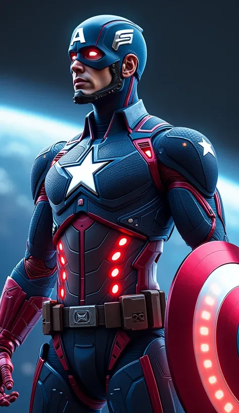 "Design a highly detailed, realistic character that blends the iconic features of Captain America with the ethereal, advanced qualities of Vision. Imagine a tall, imposing figure, whose armor is a fusion of Captain America’s classic design and the sleek, f...