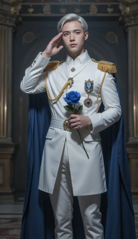 Royal man, (((elegant pose)))young noble man, silver hair, light blue eyes, tall and handsome body posture, handsome face, European nobleman, white noble uniform,  His shirt has a royal unicorn logo on it. pose holding a rose while saluting the nobleman, m...