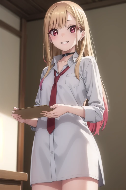 marinkitagawa, marin kitagawa, long hair, bangs, blonde hair, (red eyes:1.5), multicolored hair, smile, grin,
earrings, necktie, choker, bracelet, naked body:1.4,
BREAK indoors, bedroom,
BREAK looking at viewer, (cowboy shot:1.5),
BREAK (masterpiece:1.2), ...