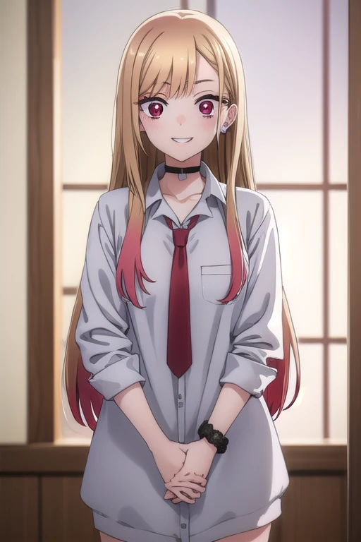 marinkitagawa, marin kitagawa, long hair, bangs, blonde hair, (red eyes:1.5), multicolored hair, smile, grin,
earrings, necktie, choker, bracelet, naked body:1.4,
BREAK indoors, bedroom,
BREAK looking at viewer, (cowboy shot:1.5),
BREAK (masterpiece:1.2), ...