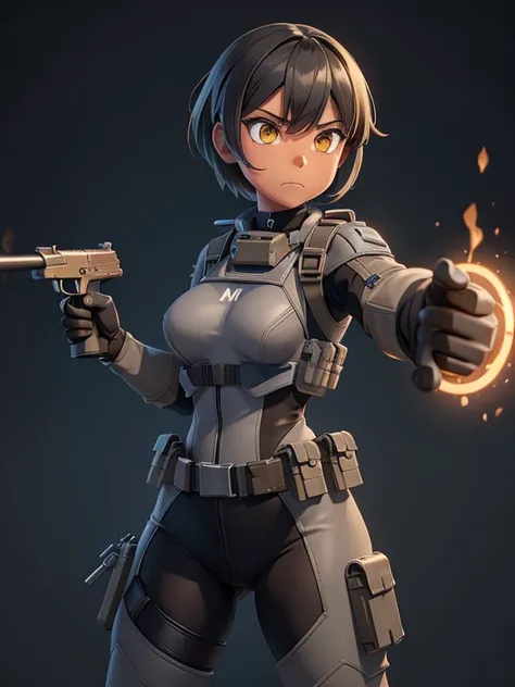 (masterpiece:1.2), best quality, high resolution, unity 8k wallpaper, (illustration:0.8), 1girl, solo, a woman in her mid-twenties, yellow eyes, tan-bronze skin, short black hair BREAK (Wearing: Metallic muzzle covering mouth, Gray tactical suit, bulletpro...