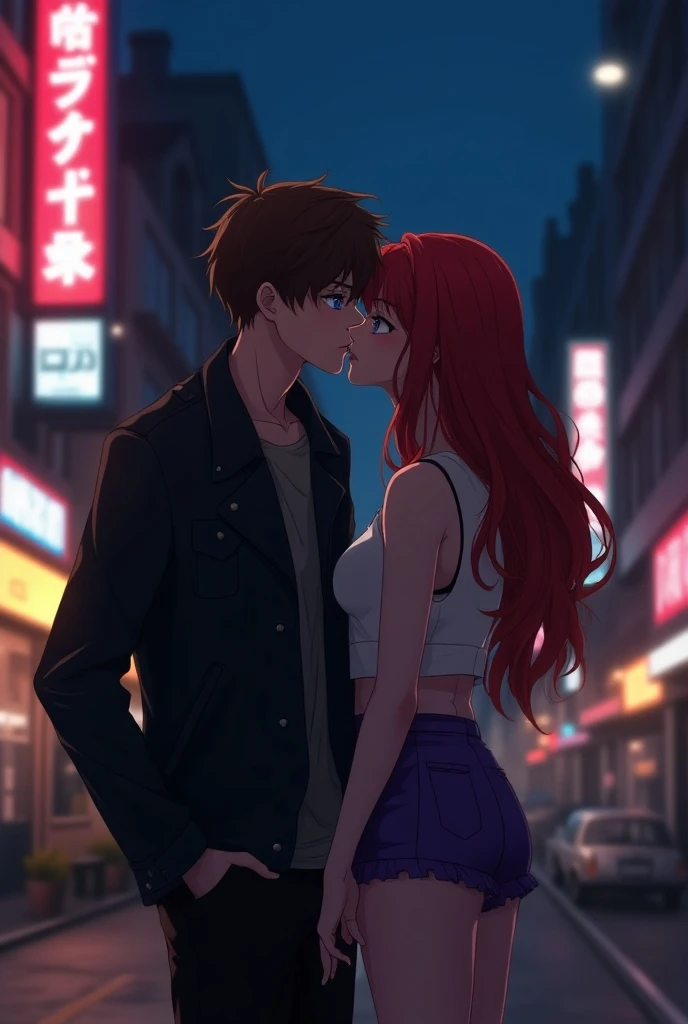 Anime young man, short brown hair, eyes light blue, he got emo vibes, Julián Casablancas vibes, he is on the street, she is kissing a girl, girl with long red hair, she got purple short clothes, she is kissing him, cyberpunk vibes,  night ambience, night c...