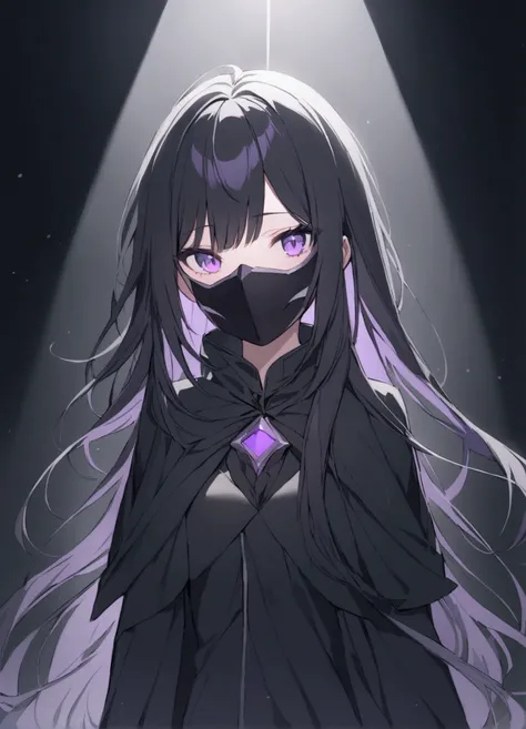 She is a girl with long black hair and violet eyes she has a mask on her face she is in a dark room 