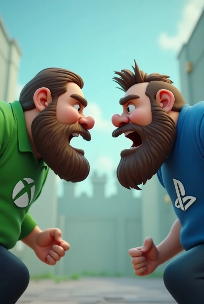 Bearded fat man wearing a green shirt written Xbox vs Bearded man wearing a blue shirt written PlayStation in 3d animation 